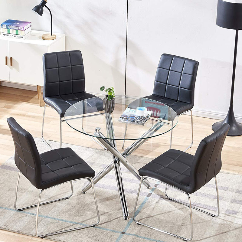 4 Seater Tempered Glass Dining Table Black Metal Legs For Restaurant